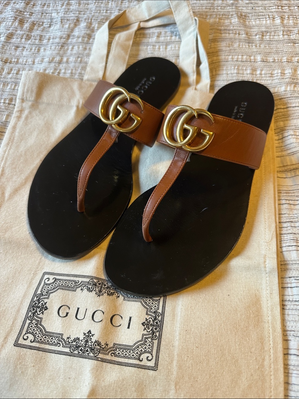 Gucci Brown and Black Leather GG Thong Sandals with Gold Hardware